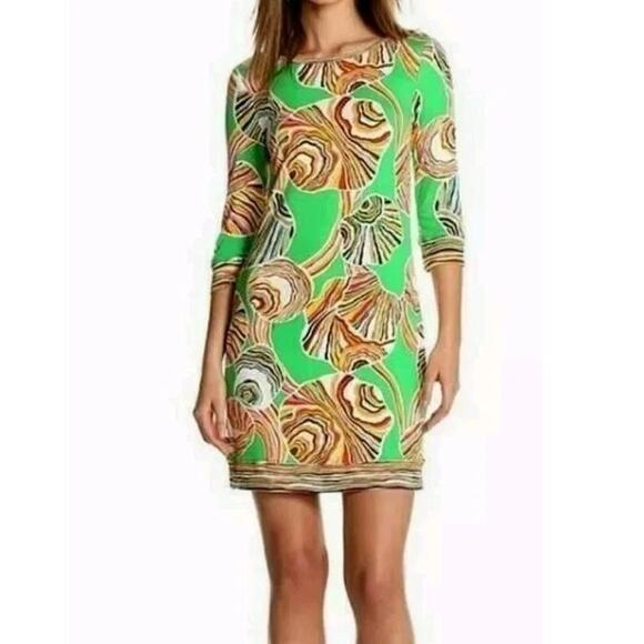 Trina Turk Camellia Printed 3/4 Sleeve Sheath Mini Dress Green Multi 4 - Picture 1 of 8